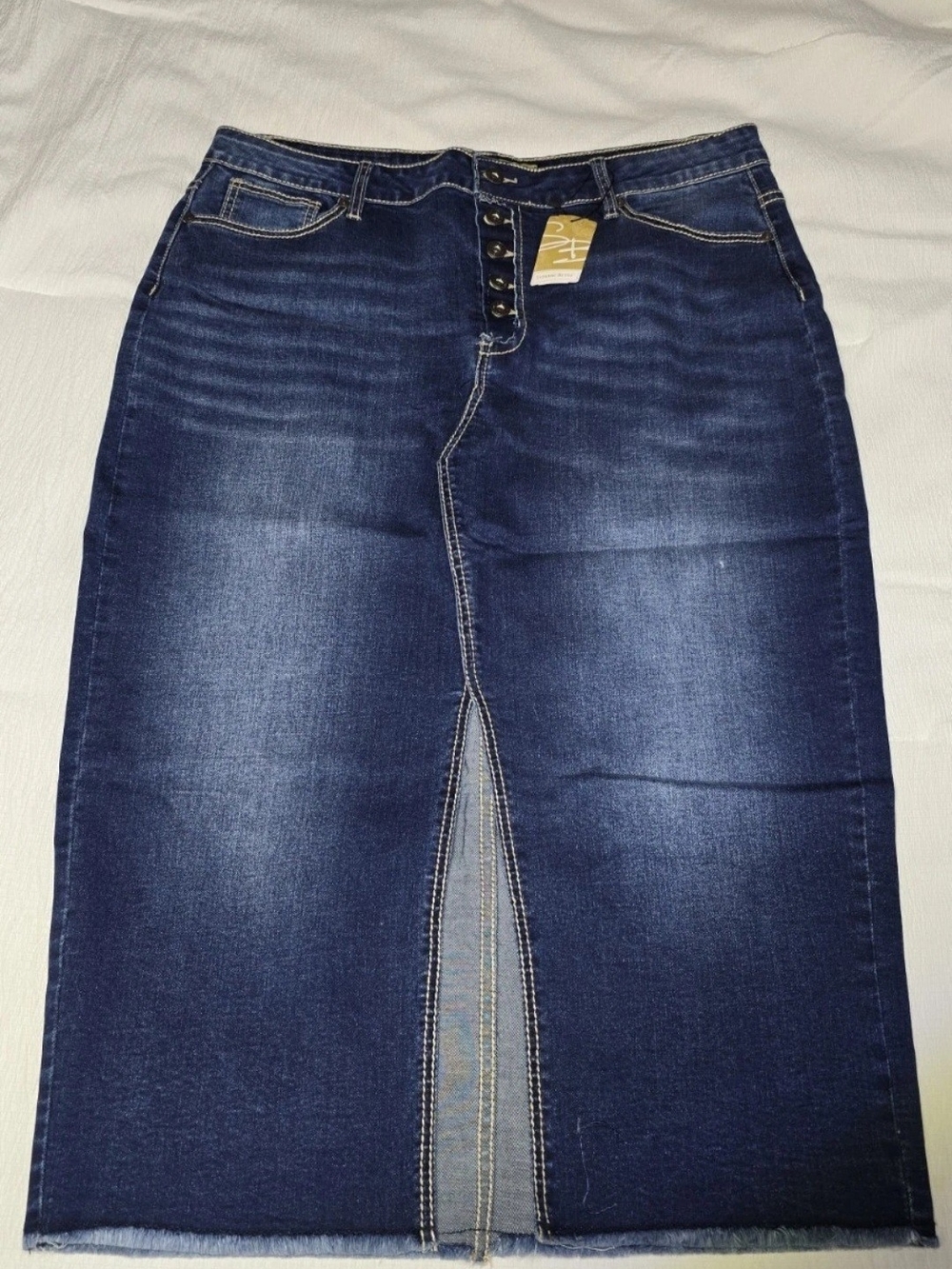 Suzanne Betro Dark Blue High-Rise Denim Midi Skirt Front Slit Sz 16 Button Fly